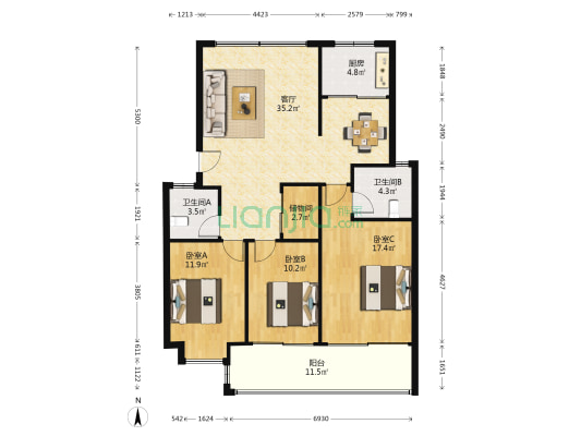 中侨公寓 3室1厅2卫 115平方