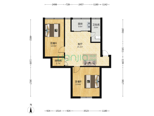 华林路203号地院 2室1厅1卫 66平方