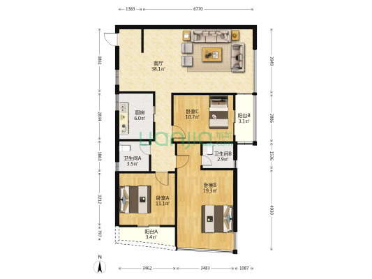 柒星佳寓 3室1厅2卫 123平方