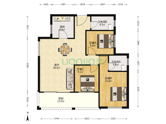 湘诚德峰小区B区 3室1厅2卫 126平方