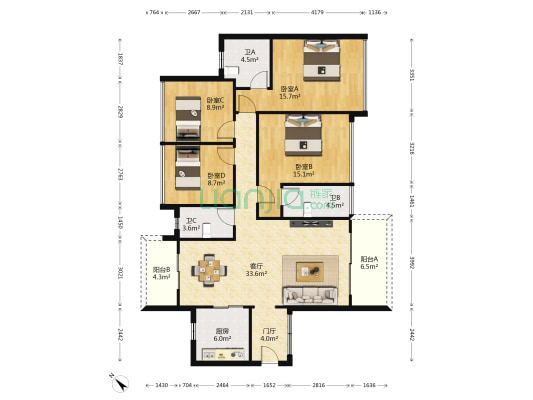 海港成海境界 4室1厅3卫 135平方