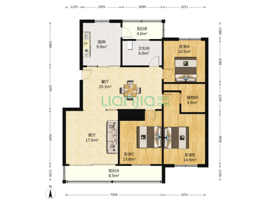 凯旋花园 3室2厅1卫 134平方