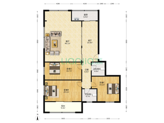 民主南路3号 3室2厅2卫 181平方