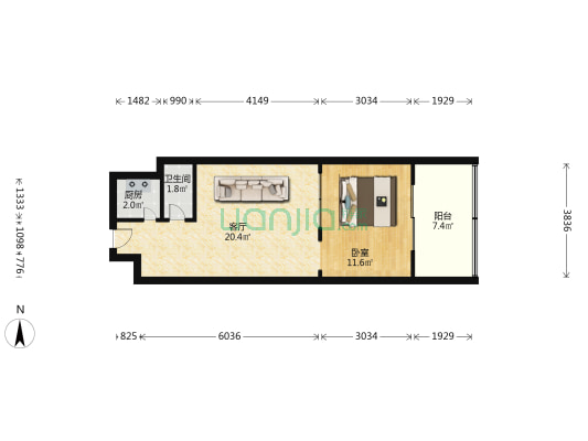 都市公寓 1室1厅1卫 68平方