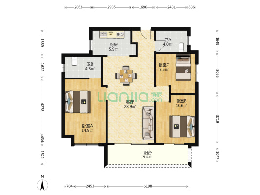 长沙如院 3室1厅2卫 109平方