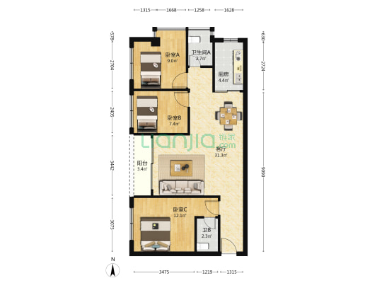 新丰路 3室1厅2卫 90平方