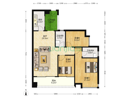 珠光御景山水城 3室1厅2卫 104平方