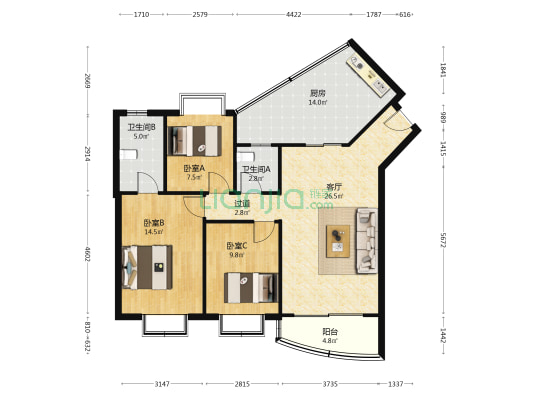 水木香榭  3室1厅2卫 105平方