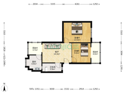 三元大道232号 2室1厅1卫 108平方