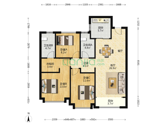 融创江山宸院 3室1厅2卫 114平方