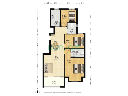 卓越浅水湾 3室1厅2卫 95平方