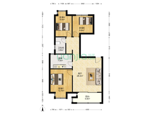 舜华园小区 3室1厅1卫 104平方