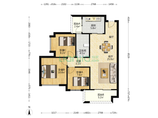 梅溪雅郡 3室1厅1卫 94平方