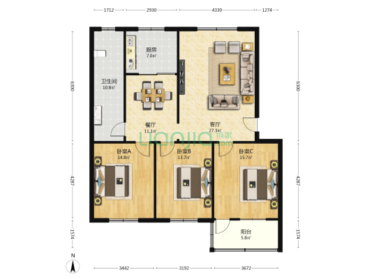 杜科北小区 3室2厅1卫 125平方