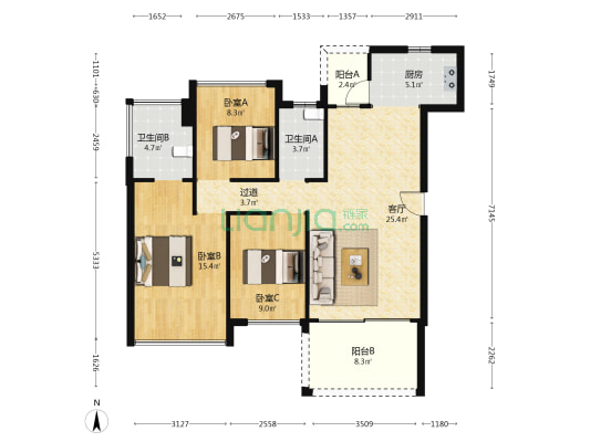 凯柏峰景 3室1厅2卫 97平方