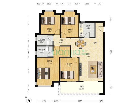 璞悦台 4室1厅2卫 129平方