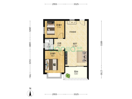 钻石假日酒店公寓 2室1厅1卫 68平方