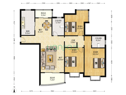 天虹苑 3室2厅2卫 147平方