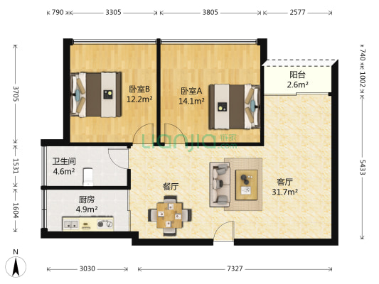 美吉丽鼎通大厦 2室1厅1卫 79平方