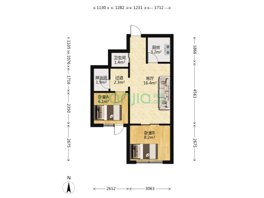 三十中宿舍 2室1厅2卫 52平方