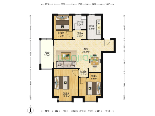 中海玄武公馆B区 3室1厅1卫 96平方