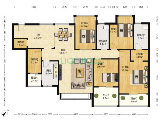 神仙树大院三期 4室1厅2卫 157平方