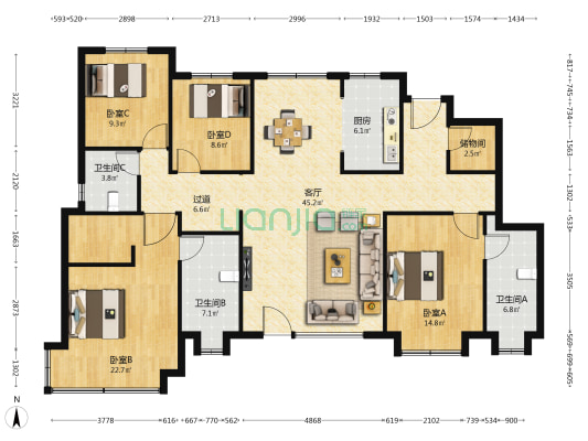 天山国府壹號 4室1厅3卫 183平方