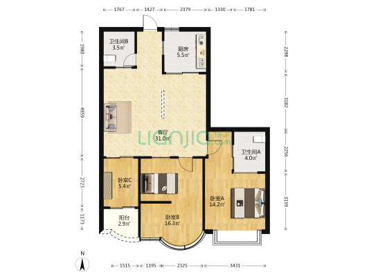 花园里1号 3室1厅2卫 101平方