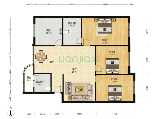 红星东路119号 3室1厅2卫 146平方