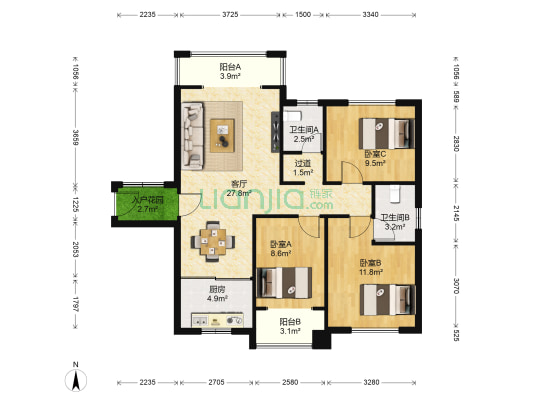 高林仕家 3室1厅2卫 104平方