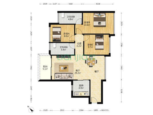 星河天地华邸 3室1厅2卫 105平方