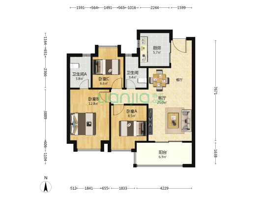 保利光合臻园 3室1厅2卫 100平方