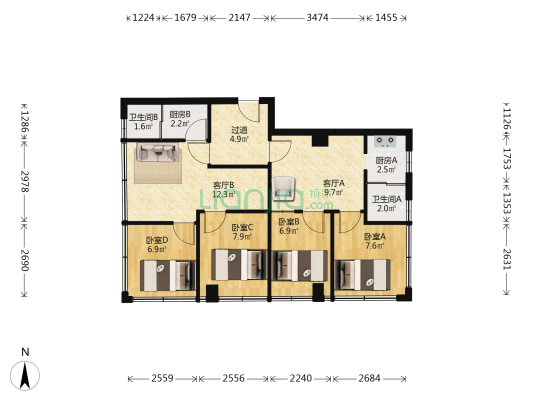 侨雅苑(海珠区) 4室2厅2卫 89平方