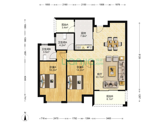 江景国际南区 2室1厅2卫 112平方