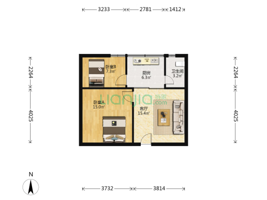 瑞鑫公寓 2室1厅1卫 62平方