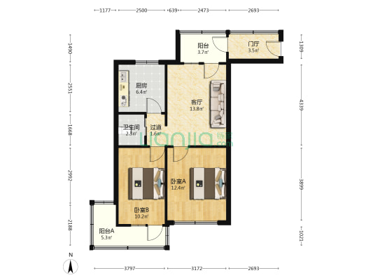 长沙粮贸大厦 2室1厅1卫 72平方