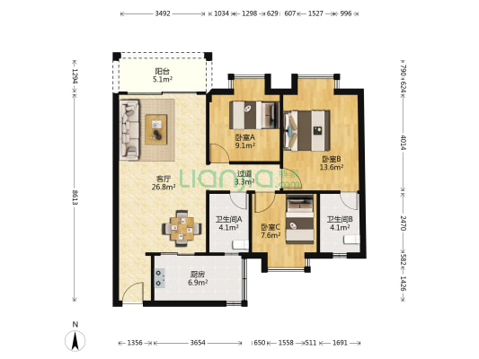 昊龙花园北区 3室1厅2卫 95平方