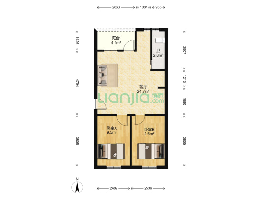 云开街 2室1厅1卫 63平方