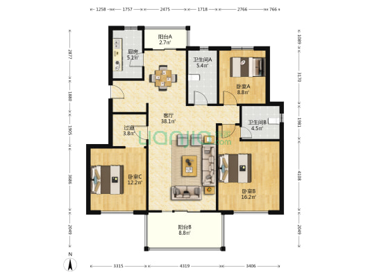 紫金华府C区 3室1厅2卫 127平方