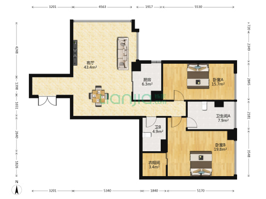 保利天悦 2室1厅2卫 174平方