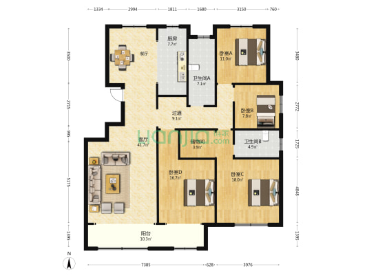 广德花园 4室1厅2卫 172平方
