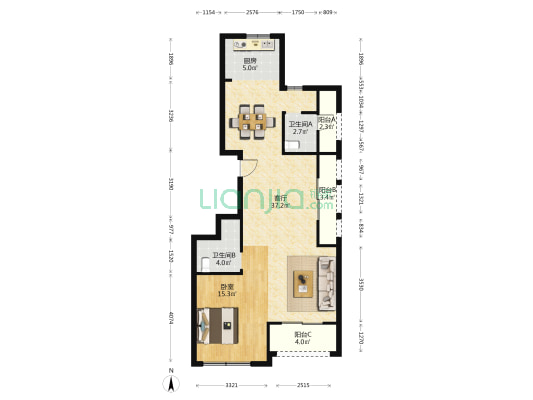 东都府 1室1厅2卫 96平方