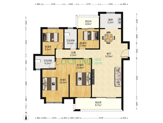 龙湖碧桂园天宸原著 4室1厅2卫 143平方