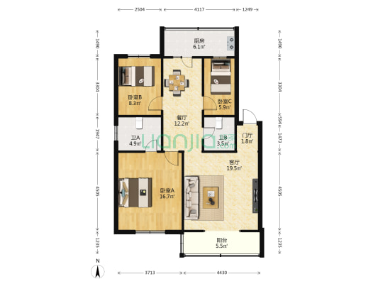 晋源土地局宿舍 3室2厅2卫 102平方