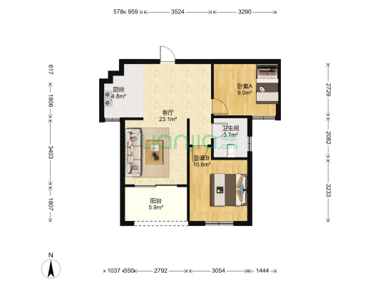 华秦铂湾 2室1厅1卫 68平方