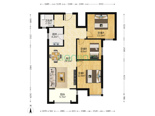 颐馨湿地壹号 3室1厅1卫 98平方