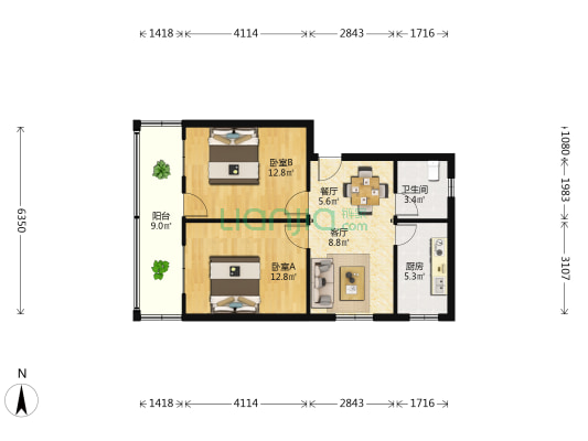 羊行头 2室2厅1卫 64平方