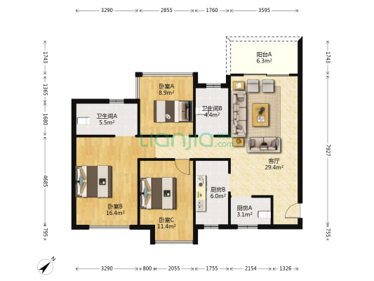 中粮祥云里 3室1厅2卫 118平方