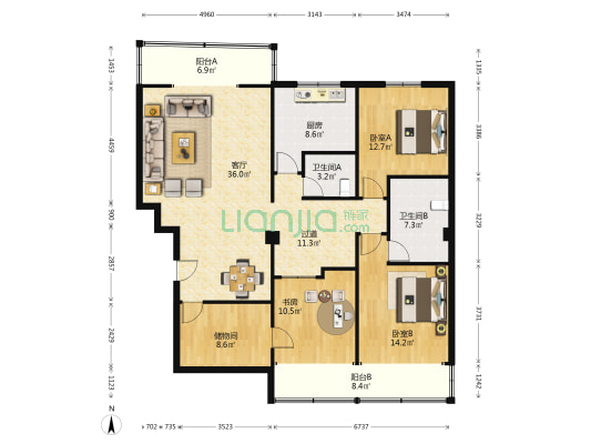 交大桃海花园 3室1厅2卫 165平方