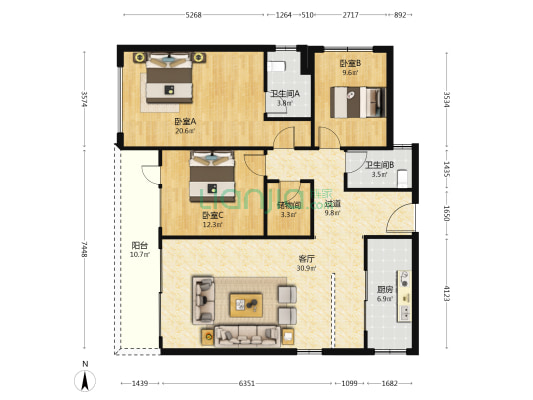 万科公园传奇一期 3室1厅2卫 132平方